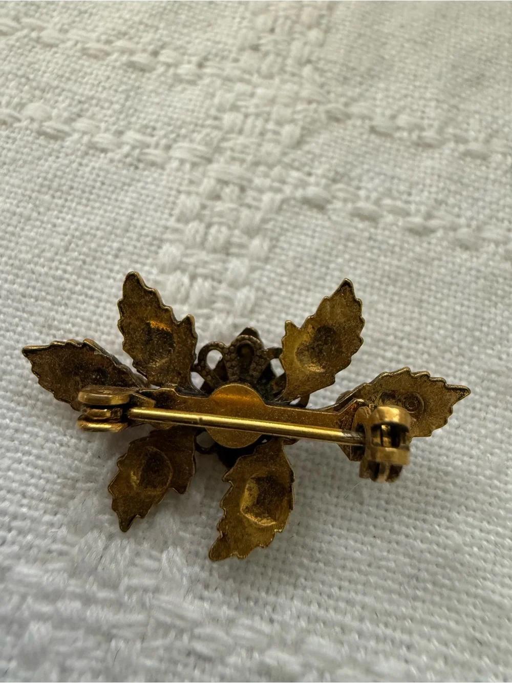 Vintage French Gold-Tone Leaf Brooch with Green Stones 1950s